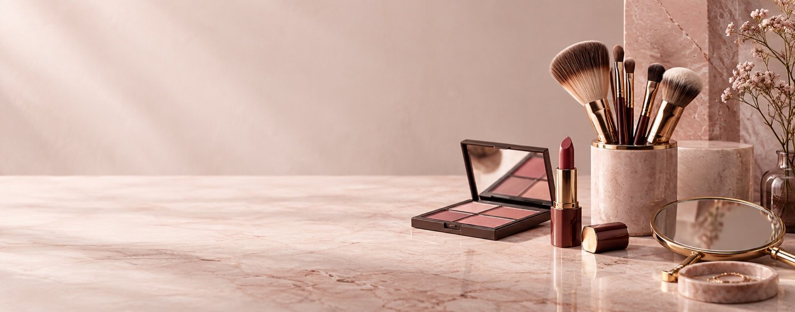 Pennelli professionali e prodotti makeup sui toni del rosa